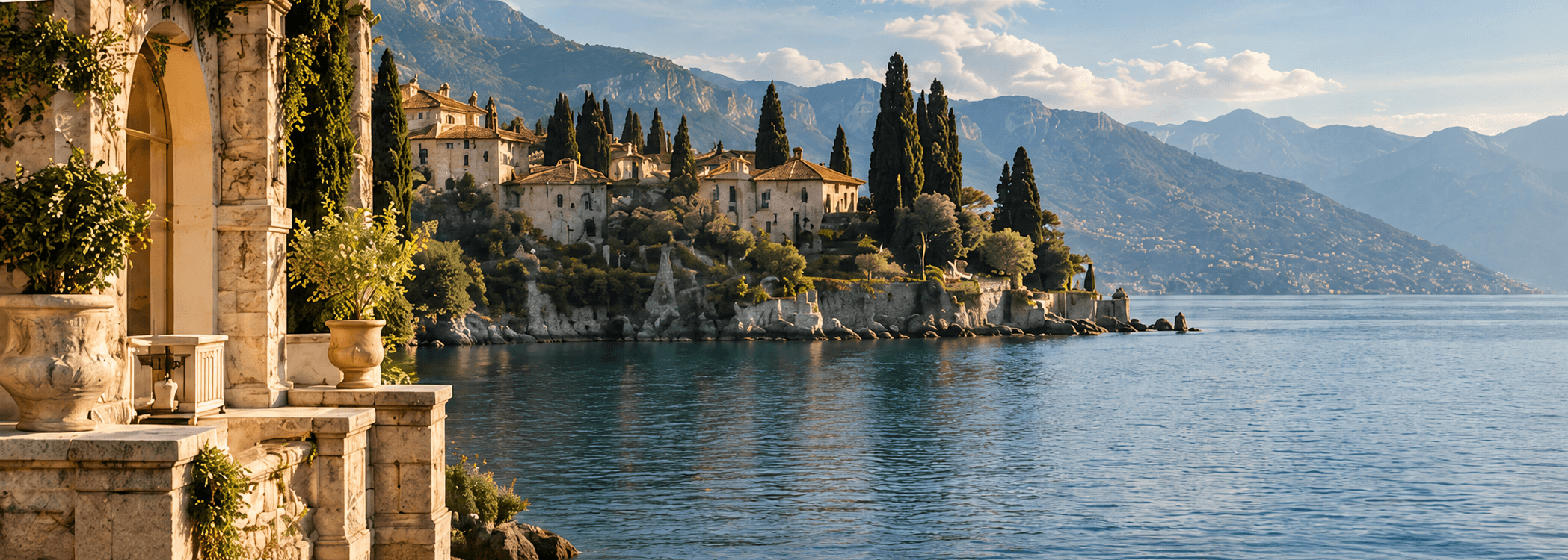 Golden evening light over lakeside villas, cypress trees, and the mountains of Lake Como